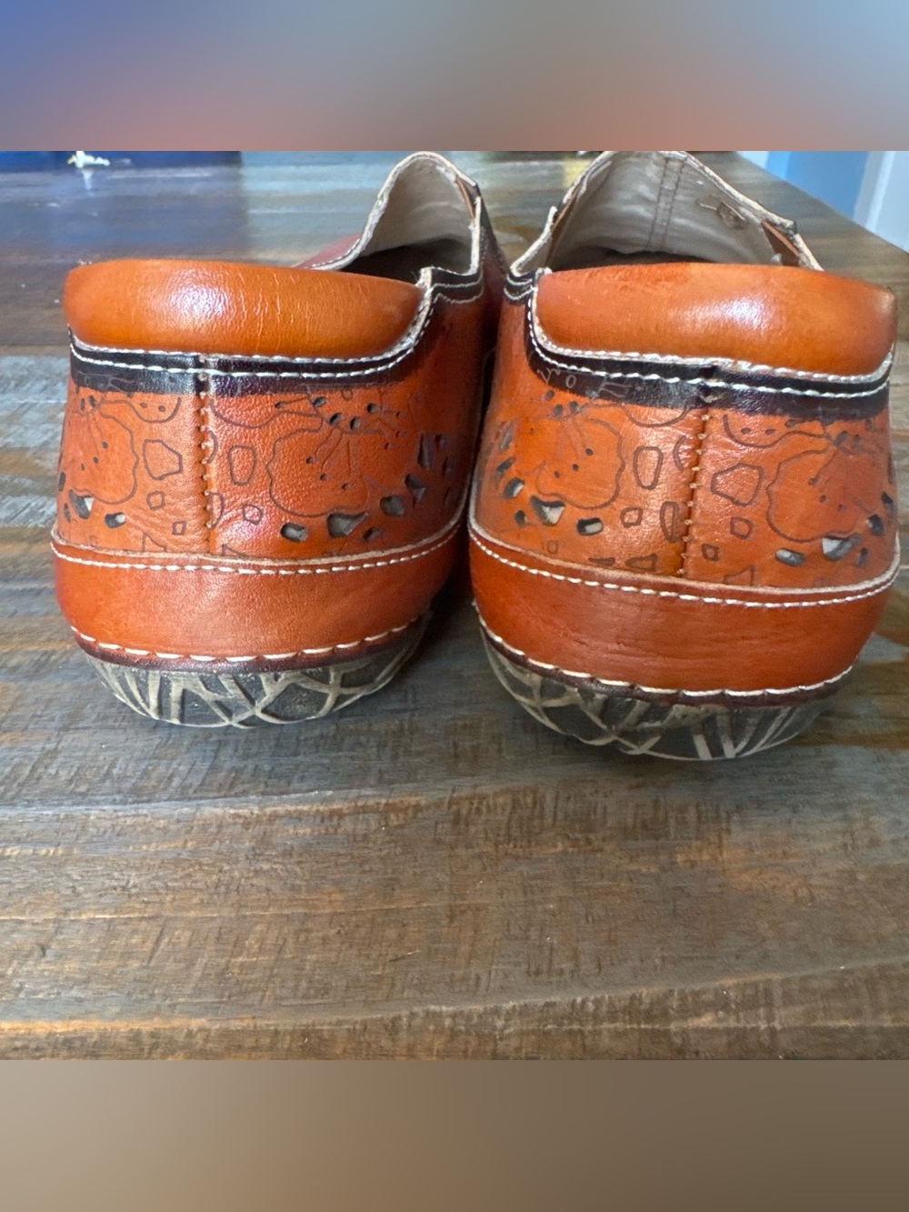 Women’s Brown Leather Slip-On Shoes with Floral Perforation - Picture 2 of 7